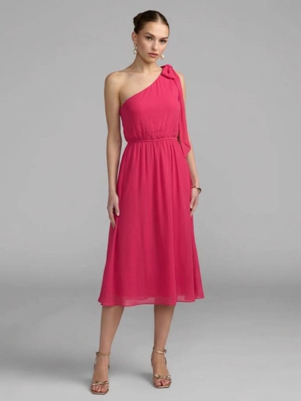 Scotch & Soda "Dance All Night" One-Shoulder Bow Crinkle Midi Dress Pop Pink NWT